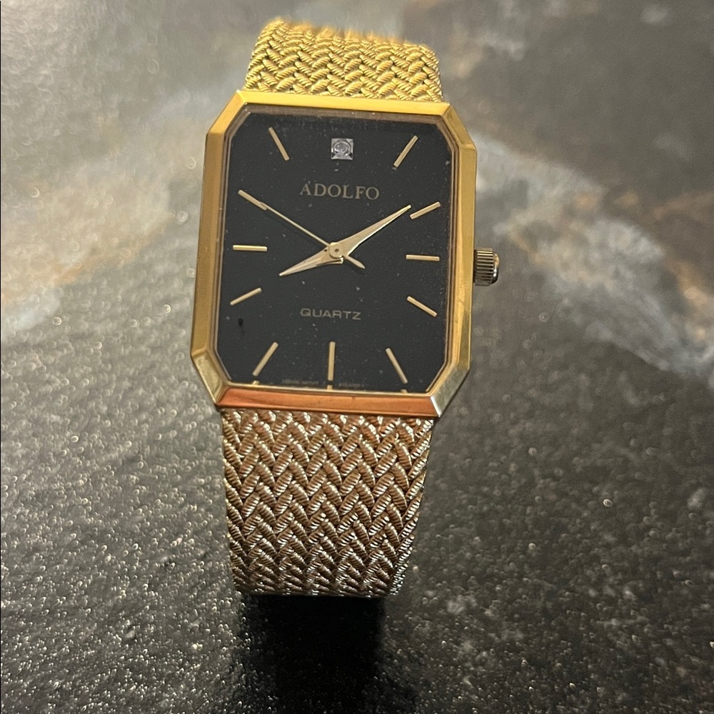 Adolfo Black Gold Tone Square Bezel Watch